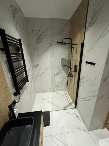 a bathroom with a marble shower with a sink at Chicago Apartment in Katowice