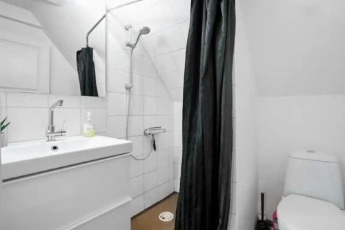 y baño blanco con lavabo y ducha. en Lejlighed/rækkehus med adgang til pool., en Vipperød
