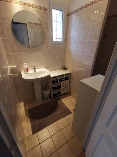 une salle de bain avec un lavabo et un miroir dans l'établissement T2 indépendant terrasse et piscine au calme Var sud de la France, à Flassans-sur-Issole