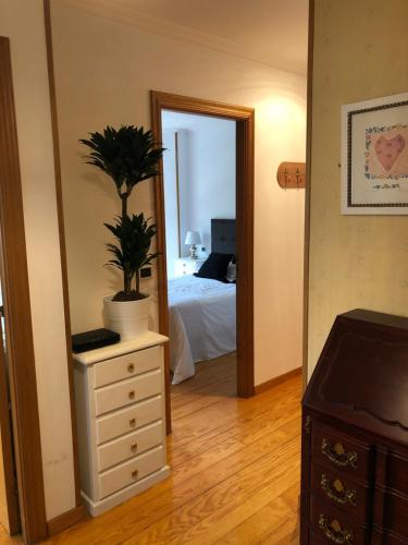 Un dormitorio con una cama y un tocador con una planta. en Increíbles vistas *CENTRO*, en Pontevedra