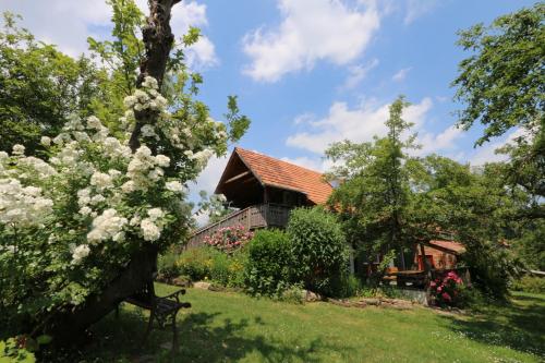 ein Haus mit einem Baum im Hof in der Unterkunft Altes Gehöft am Lormanberg in Kirchberg an der Raab