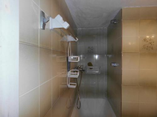 y baño con ducha con cabezal de ducha. en Δυάρι Διαμέρισμα με μπαλκόνι στην Κριτσά, en Kritsá