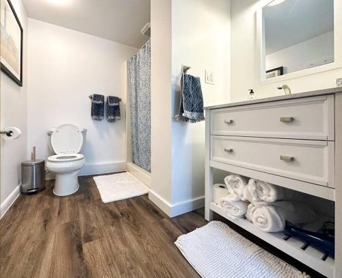 a bathroom with a toilet and a dresser with a mirror at Whimsical apartment near downtown Winooski in Winooski