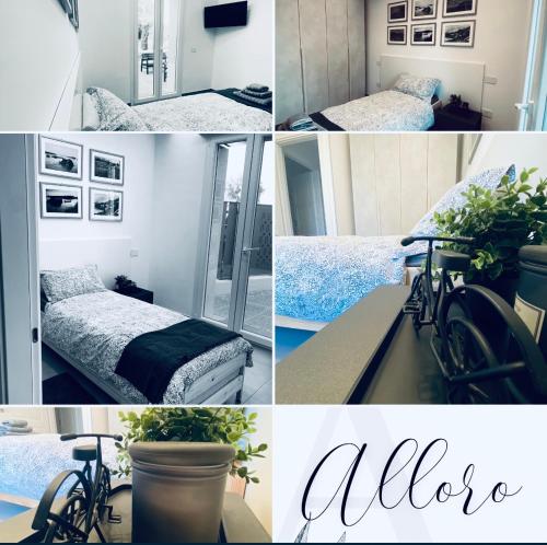 a collage of pictures of a room with a bed and a bike at Sul VenTo del Po in Melara