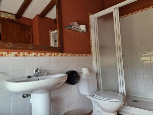 a bathroom with a sink and a toilet and a mirror at Hostal La Plata in Oropesa