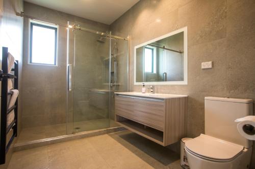a bathroom with a shower and a sink and a toilet at Skyblue Tekapo in Lake Tekapo