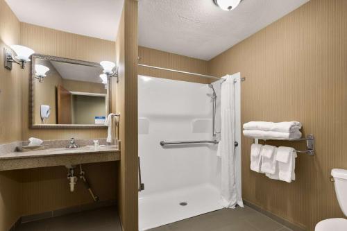 a bathroom with a shower and a sink and a toilet at Comfort Suites in Commerce