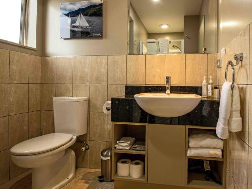 a bathroom with a sink and a toilet and a mirror at Blue Ridge Studios and Bed & Breakfast in Te Anau