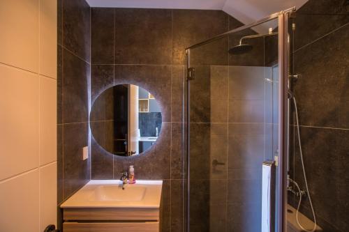 a bathroom with a sink and a shower with a mirror at Skyrim Lodge in Lake Tekapo