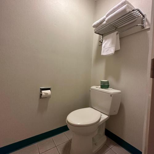 a bathroom with a white toilet and towels at Timberland Inn & Suites in Castle Rock