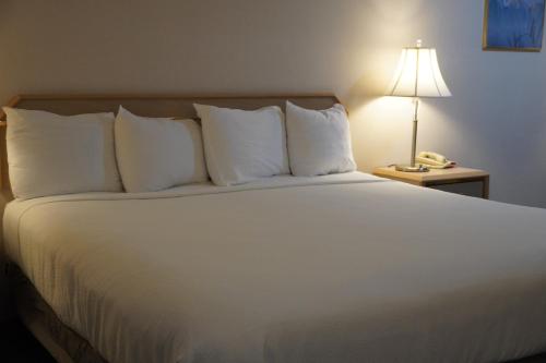 a bedroom with a large white bed with a lamp at Timberland Inn & Suites in Castle Rock