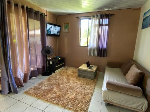 sala de estar con sofá y alfombra en TAHITI - Bungalow Toah Hoe, en Taravao