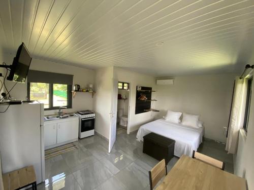 Cet appartement comprend une chambre avec un lit et une cuisine avec une table. dans l'établissement TAHITI - Bungalow Toah Toru, à Taravao