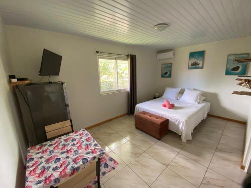 1 dormitorio con 2 camas y TV. en TAHITI - Bungalow Toah Piti, en Taravao