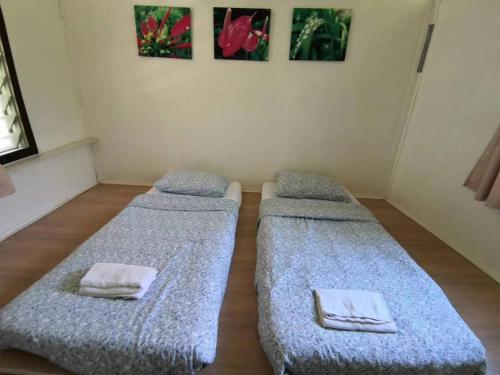 two beds in a room with two towels on them at Moonriver Lodge in Cameron Highlands