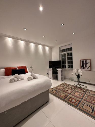 ロンドンにあるSt Paul's Farringdon Longstay Cozystayのベッドルーム(大型ベッド1台付)、リビングルームが備わります。
