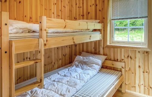 2 łóżka piętrowe w drewnianym pokoju z oknem w obiekcie Amazing Home In Foldfjorden With House A Panoramic View 