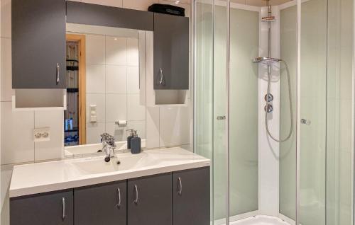 W łazience znajduje się umywalka i prysznic. w obiekcie Amazing Home In Foldfjorden With House A Panoramic View 