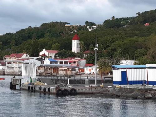 un muelle en un cuerpo de agua junto a una ciudad en Le Gîte Petit colibri, en Sainte-Rose