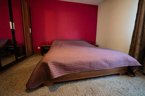 a bedroom with a bed with a red wall at Quiet 3-Room Apt - 2 Parking Spaces - 5 Min Bus in Floreşti