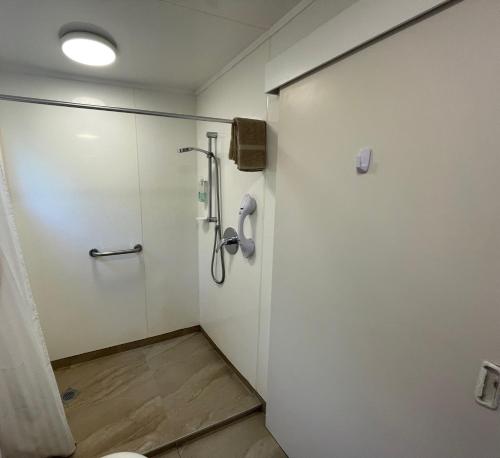 a bathroom with a shower stall and a toilet at Driftwood Beachfront Accommodation, Cable Bay, Owhetu in Coopers Beach