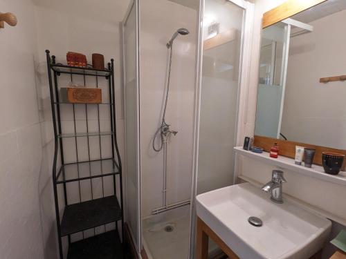 une salle de bain avec douche et lavabo dans l'établissement Charmant 2 pièces avec balcon sud, parking, proche pistes et commerces à La Clusaz - FR-1-459-215, à La Clusaz