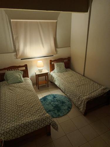 2 camas en una habitación con lámpara y alfombra en Los naranjos, en San Lorenzo