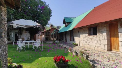 a house with a yard with chairs and an umbrella at Cabañas Los Cactus in San Miguel Regla