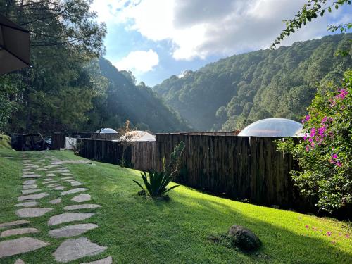 a backyard with a fence and a grass yard at La Estela Bubble Glamping in Mazamitla