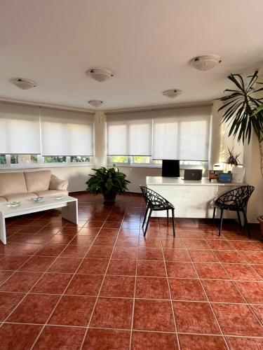 a living room with a couch and a table and chairs at Iolkos Hotel Apartments in Kato Daratso