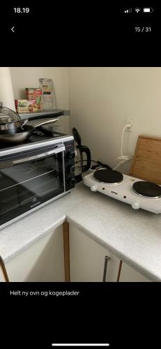 a kitchen counter with a stove and a toaster oven at Happy Fisherman BnB in Aalborg