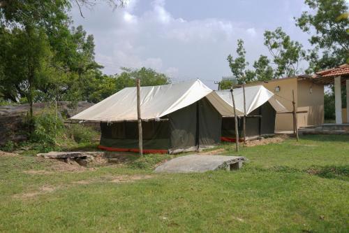 twee tenten in een tuin naast een huis bij RAC Adventure Camp by Lexstays,Near Isha Foundation in Chik Ballāpur