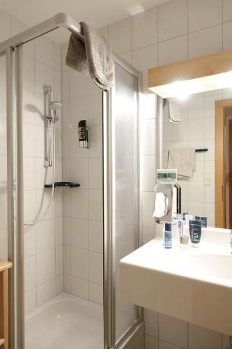 a bathroom with a shower and a sink at Hotel Malteinerhof in Malta