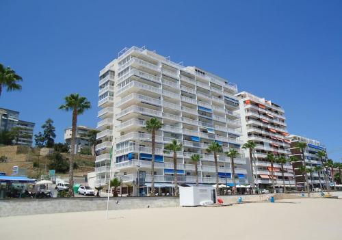 a large apartment building on the beach with palm trees at Siente el mar in Villajoyosa