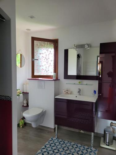 une salle de bain avec un lavabo et des toilettes et une fenêtre dans l'établissement Charmante maison, à Lacs