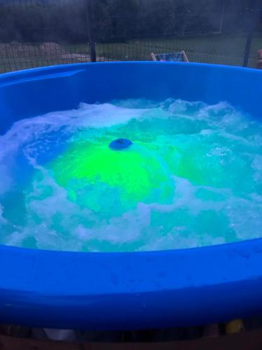 a blue tub filled with water with a green substance at Siedlisko Złota Góra domki całoroczne na Kaszubach in Brodnica