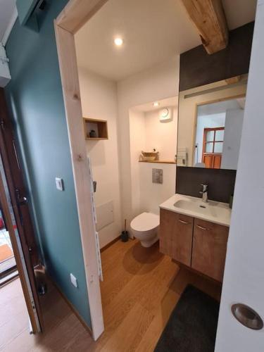 une salle de bain avec des toilettes blanches et un lavabo dans l'établissement Joli appartement avec coin jardin, à Chalon-sur-Saône