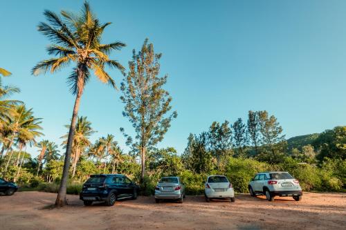 a group of cars parked next to a palm tree at Commune18 Resort Chikmagalur in Chikmagalūr