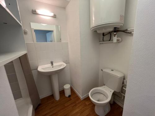 a small bathroom with a toilet and a sink at Acajou, Studio avec terrasse et parking privé in Caen
