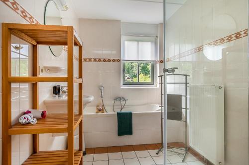 ein Bad mit einer Dusche und einem Waschbecken in der Unterkunft De Appelhoeve in Appelscha