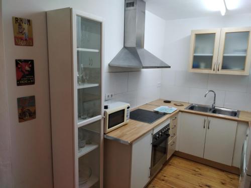 a small kitchen with a sink and a microwave at Can Penjarella I in Arbúcies