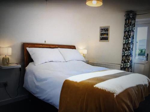 巴拉的住宿－Drainllwyn，一间卧室配有一张带白色床单的床和一扇窗户。