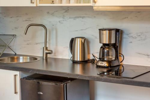 - un comptoir de cuisine avec une cafetière et un évier dans l'établissement Le Black Angel votre studio au cœur de Rouen !, à Rouen