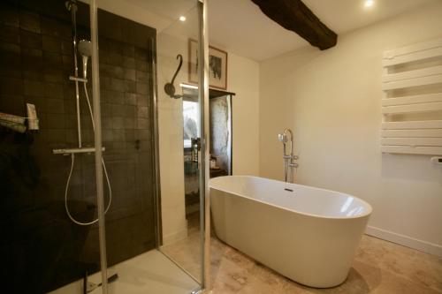 een badkamer met een bad en een douche bij Gite Bellevue in Saint-Pierre-Toirac