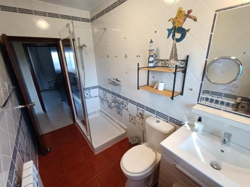 ein Bad mit einem WC, einem Waschbecken und einer Dusche in der Unterkunft Villa de Limones in Chiclana de la Frontera