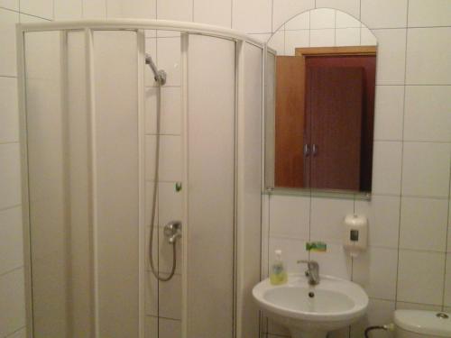 a bathroom with a shower and a sink at Skaistažiedė in Šiauliai