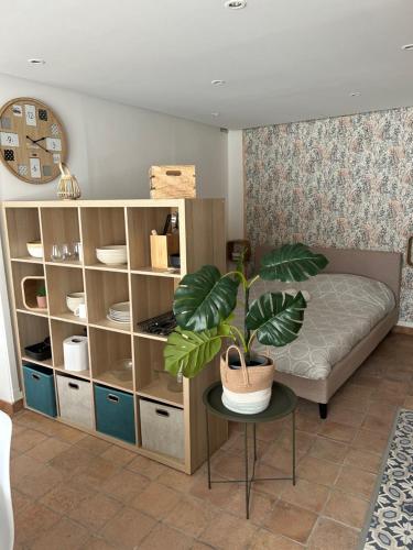 um quarto com uma cama e uma mesa com uma planta em Appartement coeur de ville -Clim, ascenseur, wifi- em Avignon