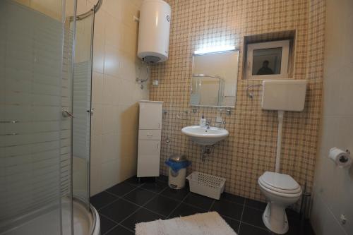 a bathroom with a toilet and a sink and a shower at Bed & Breakfast Twenty in Kikinda