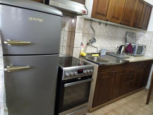 uma cozinha com um frigorífico de aço inoxidável e um fogão em HanaDi Apartment em Sarajevo
