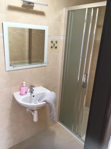 een badkamer met een wastafel en een douche met een spiegel bij Apartmány U Hadiny in Humpolec